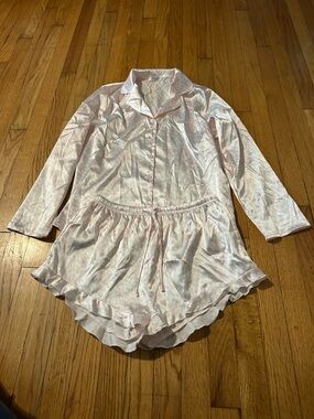 Satin Long-Sleeve Button PJ Top and Ruffle Shorts Set - Light Pink
